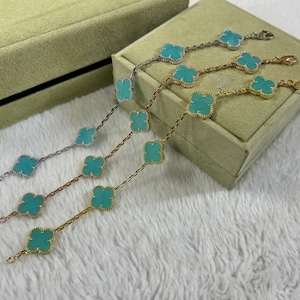 925 Silver 18K Gold Plated Clover Bracelet,5 Patterns Natural 15mm Ice Blue Clover Jewelry.