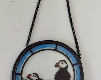 Vintage Stained Glass Puffins Sun Catcher Window Decor Hanging Ornament