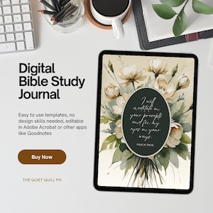 May include: A digital Bible study journal displayed on a tablet. The tablet features a floral design with a quote from Psalm 119:15. The image includes a keyboard, pencils, and a coffee cup, with the text "Digital Bible Study Journal".