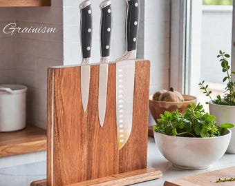 Soporte magnético para cuchillos de madera de acacia, potentes imanes ocultos, soporte para cuchillos de madera para encimera, regalo para chef