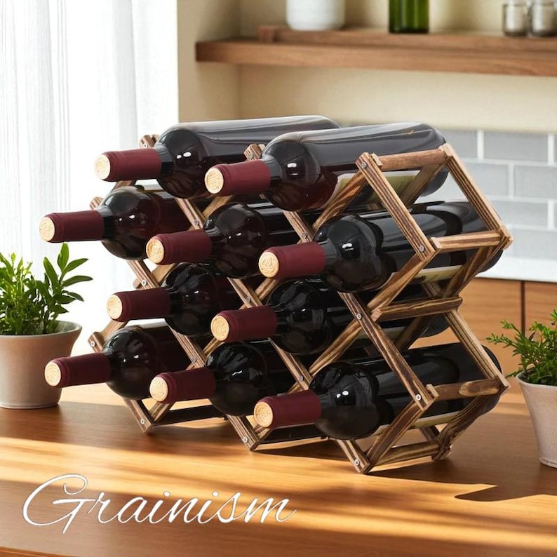 Foldable Wooden Wine Rack for 3–10 Bottles – Rustic Countertop Display ...