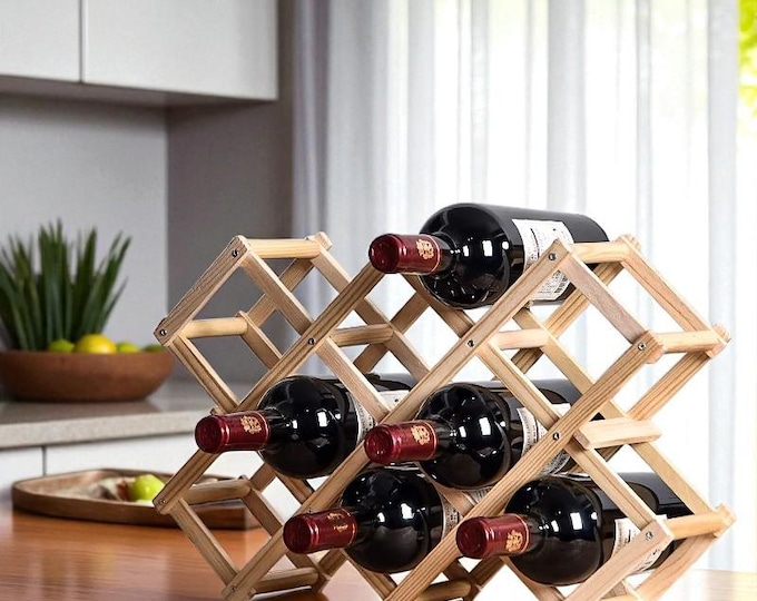 Foldable Wooden Wine Rack for 3–10 Bottles – Rustic Countertop Display Stand for Kitchen, Bar or Dining Room