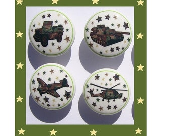 4 or 8  Army Camouflage Vehicles Dresser Drawer Knobs boys kids Handmade items