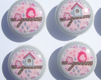 4 set CLARA BIRD HOUSE gray pink mtm kids girls baby bedding  dresser drawer knobs Handmade items