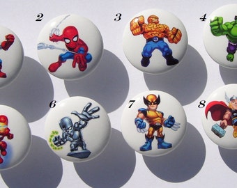 2, 4, 6, 8, 10,  etc SUPERHERO SQUAD on white knobs  kids boys Dresser Drawer Knob You Choose  which ones Handmade items