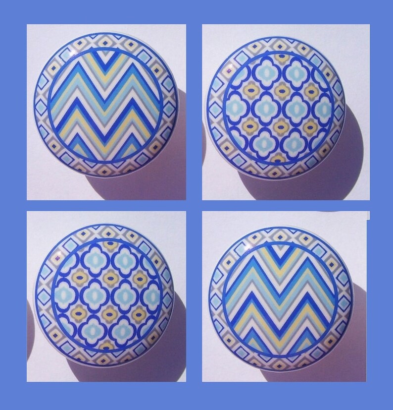 Four 4 Ikat Blue Boys baby kids Dresser Drawer Knobs Chevron zig zag Geo prints mtm Bedding