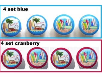 set of 4 Island Surf Surfboard Beach in  Blue OR  Cranberry   kids mtm bedding Dresser Drawer Knobs Handmade items