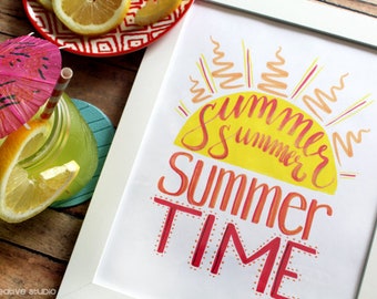 SUMMER Art Print - INSTANT download - summertime wall artwork - hand lettered - home decor - Lettering - sunshine illustration