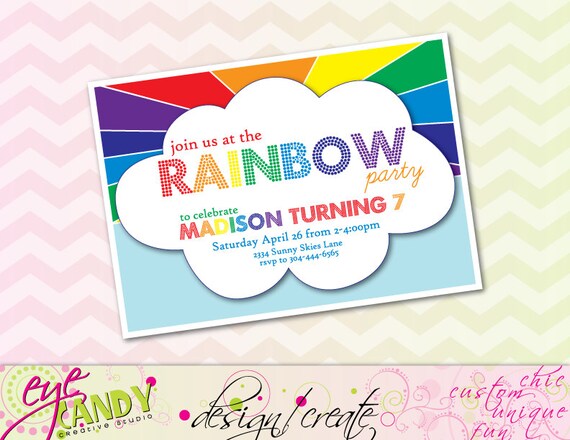 RAINBOW Birthday INVITE - Rainbow party - Over the Rainbow Party - Rainbow Birthday Party - custom invite Il_570xn