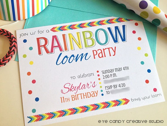 RAINBOW LOOM Birthday INVITE - Rainbow Loom party - Over the Rainbow Party - Rainbow Birthday Party - custom invite Il_570xn