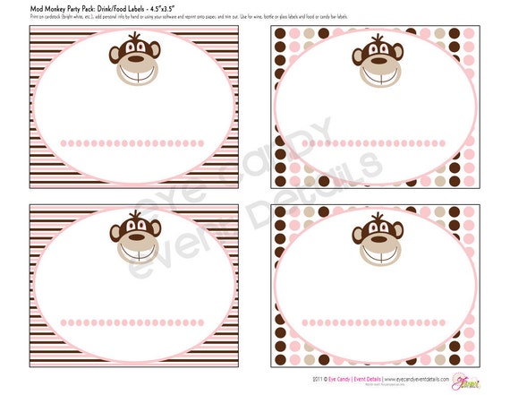 Mod Monkey Baby Girl Shower Customized DIY Printable Party Labels - Signs by Eye Candy Event ...