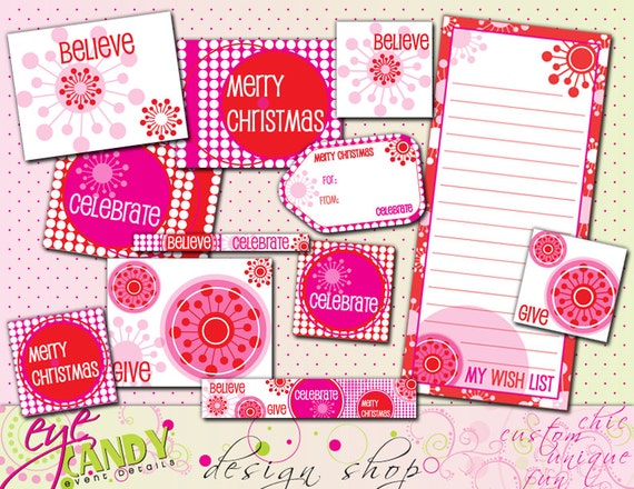 CHRISTMAS - Mod Snowflake Christmas Printable Party Pack Collection - Pink & red Christmas Il_570xn