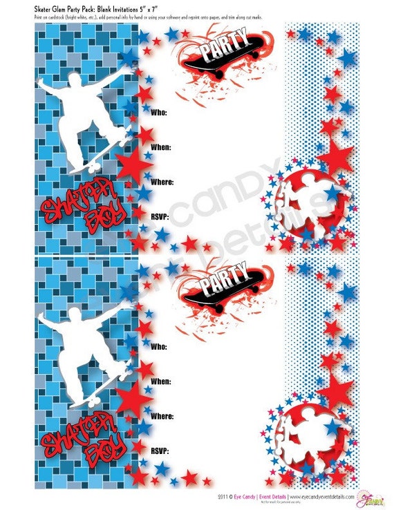 Skater Boy Birthday Invite DIY Printable Party Invitation - skater b-day - boys theme birthday Il_570xn