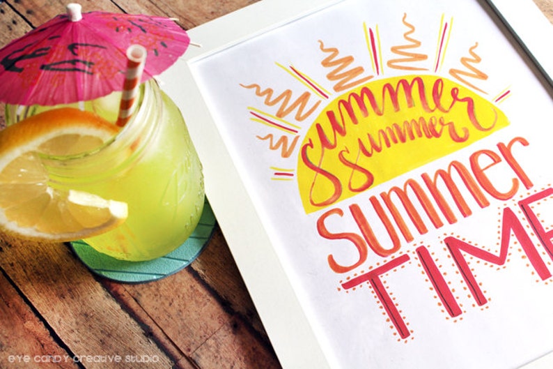 SUMMER Art Print INSTANT download summertime wall artwork hand lettered home decor Lettering sunshine illustration image 3