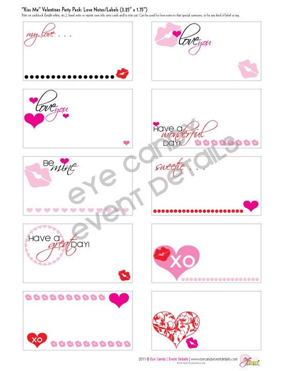 NOTECARDS - Valentines Day - Love Notes - Kiss Me Valentines Day - DIY Printable Il_570xn