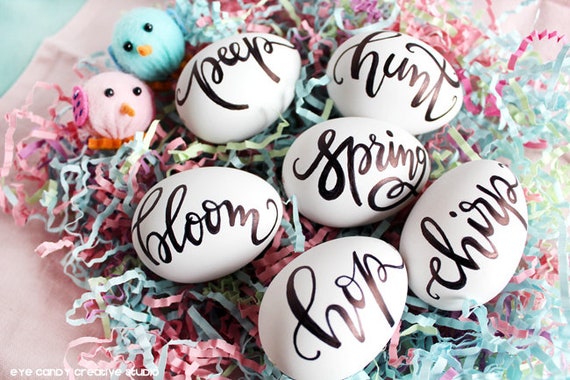 HAND LETTERED Farmhouse Eggs Set - Lettered Eggs - Custom Easter Eggs- Personalized Eggs- Spring Eggs - Hand Lettering -Black & White Easter Il_570xn