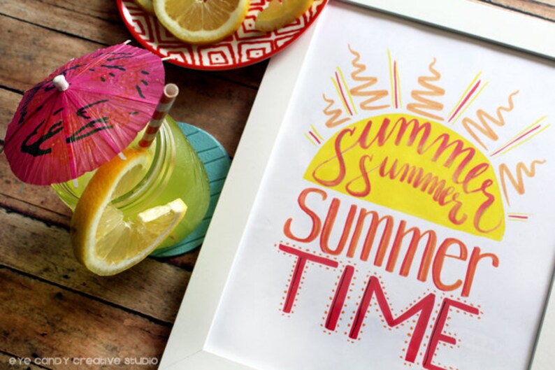 SUMMER Art Print INSTANT download summertime wall artwork hand lettered home decor Lettering sunshine illustration image 1