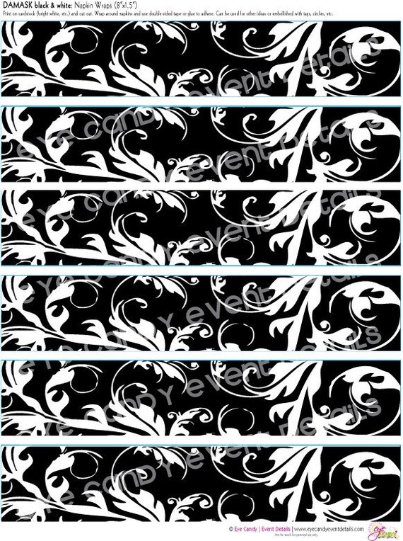 DAMASK napkin wraps - black & white Wedding - wedding Shower- DIY Napkin Wraps - damask wedding - INSTANT download Il_570xn