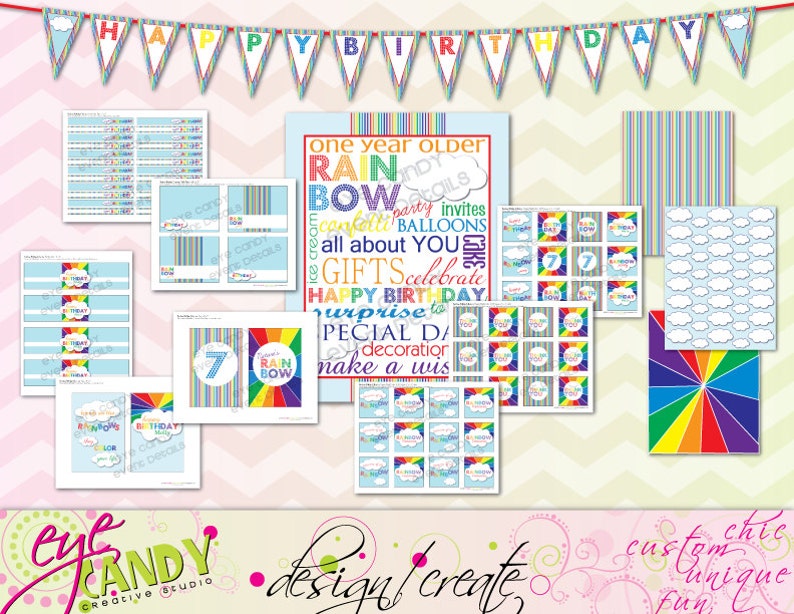 RAINBOW Birthday Party RAINBOW Party Customized Birthday Rainbow birthday Printable Party Pack Collection image 2