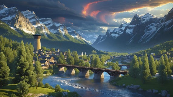 Mountain Village Wall Art | Digital Landscape Print | Scenic Valley Town Artwork | Snowy Peaks & Water Tower Decor