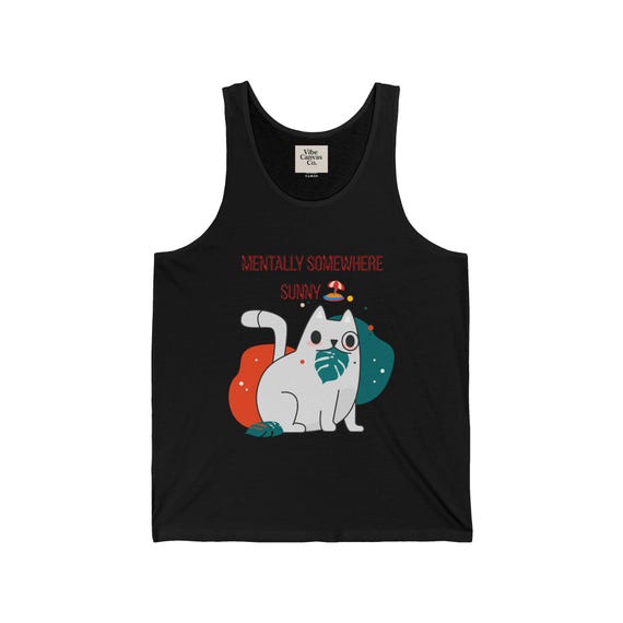 Sunny Vibes Cat Tank, Unisex Jersey Tank, Summer Apparel, Inspirational Tee, Beachwear, Casual Clothing