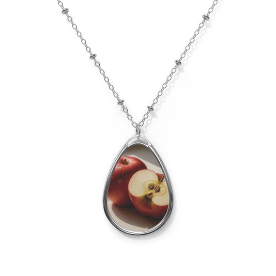 Elegant Oval Necklace with Apple Design, Fruit Jewelry, Nature-Inspired Gift, Casual or Formal Wear, Unique Statement Piece