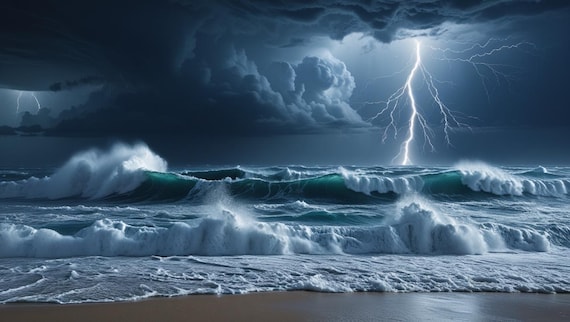 Dark Ocean Lightning Storm Print | Digital Wall Art Download | Dramatic Seascape Photo for Coastal Decor
