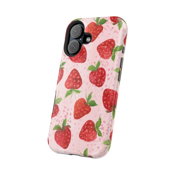 Strawberry Magnetic Tough Case, Cute Phone Cover, Personalized Phone Case, Floral iPhone Case, Berry Design Phone Accessory