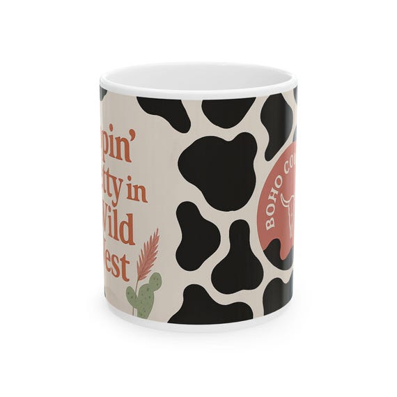 Western Cow Print Mug | Boho Aesthetic Coffee Mug | Cute Cowgirl Gift Idea | Vibe Canvas Co.