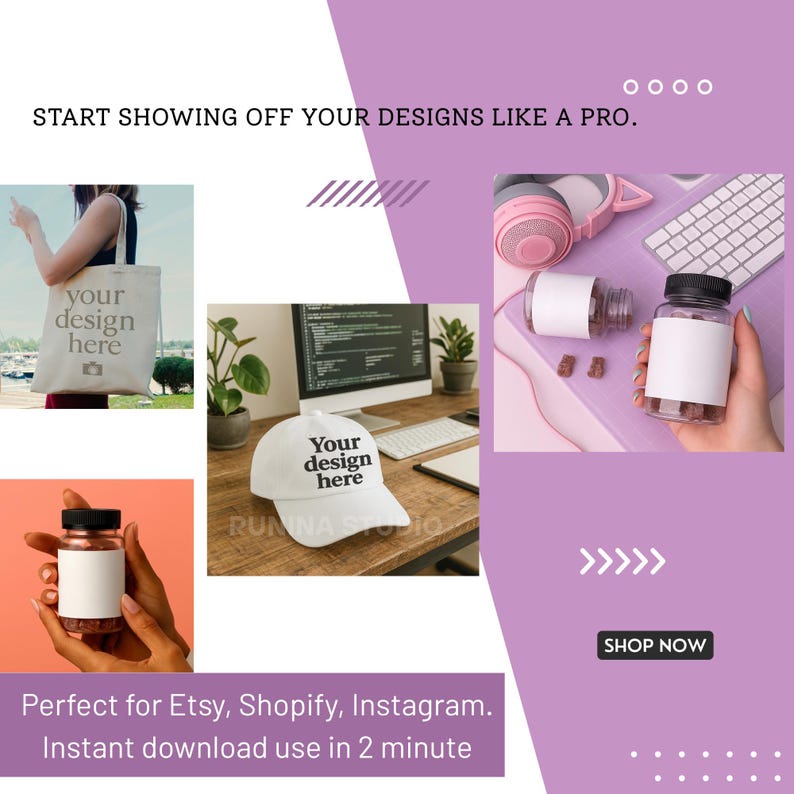 Może przedstawiać: Obraz promocyjny z fioletowym tłem i białym tekstem, kt&oacute;ry brzmi: &bdquo;START SHOWING OFF YOUR DESIGNS LIKE A PRO&rdquo;. Obraz przedstawia torbę, czapkę bejsbolową i dwie butelki z pustymi etykietami. Tekst &bdquo;Your design here&rdquo; znajduje się na torbie i czapce. Obraz zawiera r&oacute;wnież tekst &bdquo;Perfect for Etsy, Shopify, Instagram. Instant download use in 2 minute&rdquo; i przycisk &bdquo;SHOP NOW&rdquo;.
