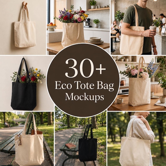 Eco Tote Bag Mockup Bundle Colors: Oyster and Black | Econscious EC8000 | 30+ PNG Mockups
