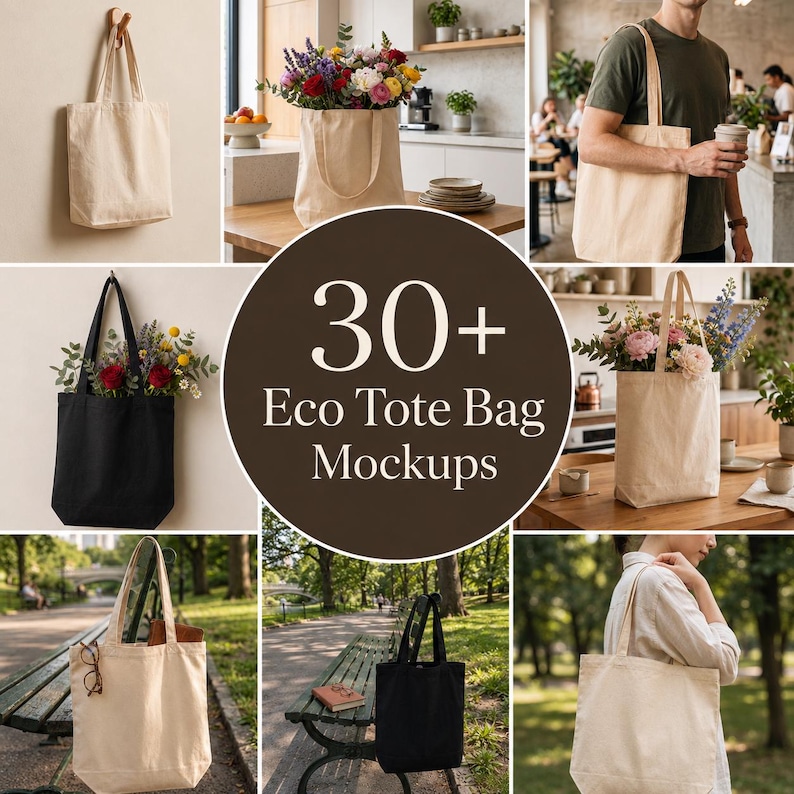May include: A collection of beige and black canvas tote bags shown in various settings, including hanging on walls, placed on tables with floral arrangements, and carried by individuals. The central text reads 30+ Eco Tote Bag Mockups.