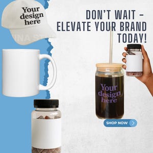 May include: A white baseball cap with the text Your design here, a white ceramic mug, a glass tumbler with a bamboo lid and straw featuring the text Your design here, and two clear plastic jars with black lids containing dark candies.