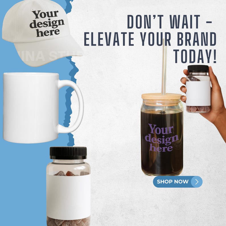 May include: A white baseball cap with the text Your design here, a white ceramic mug, a glass tumbler with a bamboo lid and straw featuring the text Your design here, and two clear plastic jars with black lids containing dark candies.