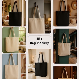 May include: A collection of tote bags in various colors, including black and beige, hanging on hooks. The bags are displayed against different colored walls and in various interior settings. The text "15+ Bag Mockup" is displayed in a white box.