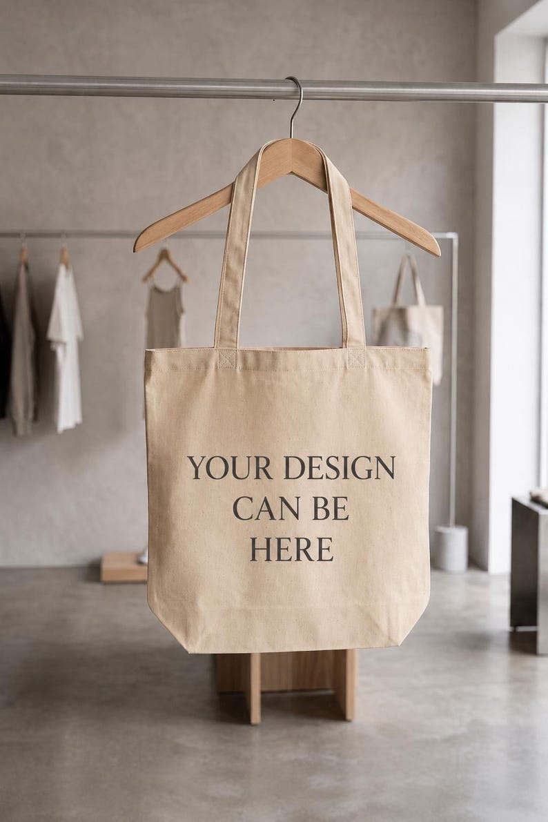 May include: A beige canvas tote bag hanging on a wooden hanger. The bag features two long shoulder straps and the black printed text "YOUR DESIGN CAN BE HERE" centered on the front. The material has a visible woven texture and a rectangular shape.