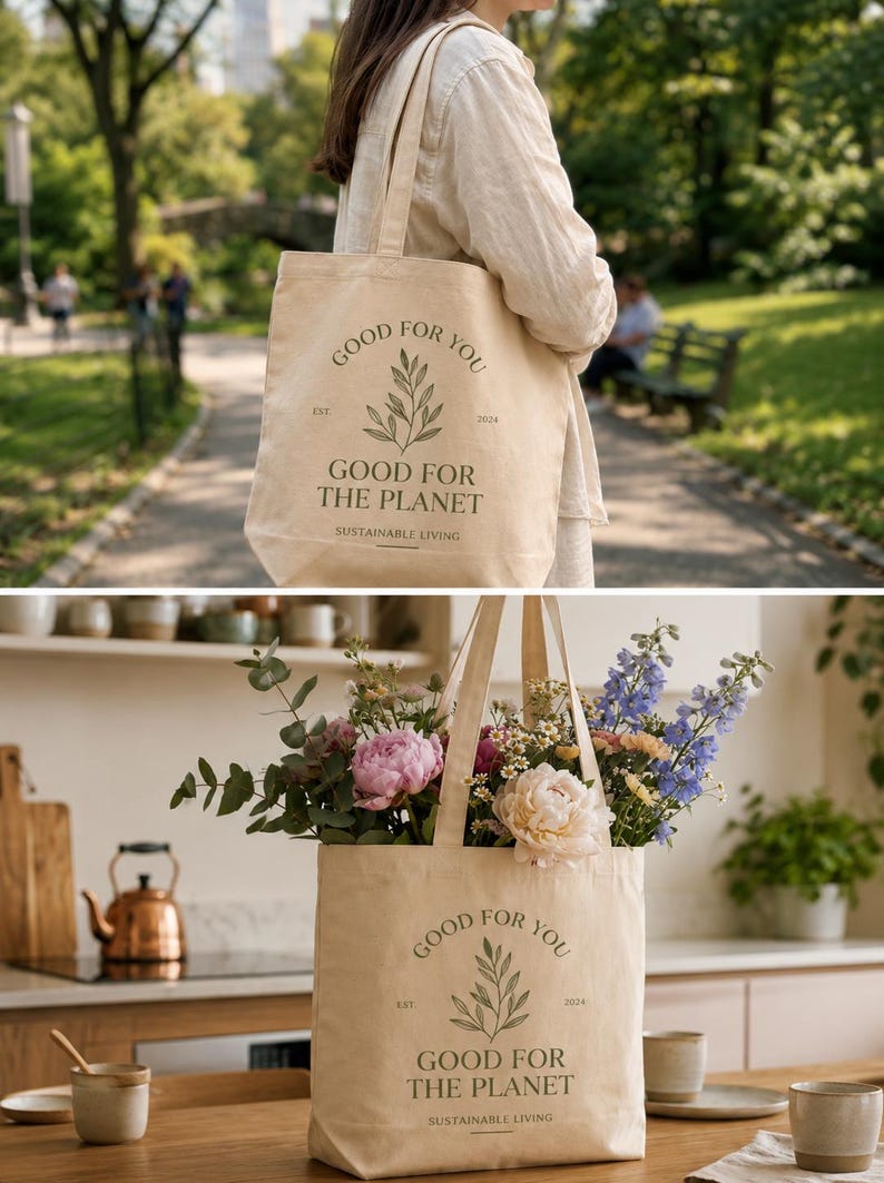 May include: A beige canvas tote bag featuring a dark green botanical illustration of a leafy branch. The text reads "GOOD FOR YOU", "EST 2024", "GOOD FOR THE PLANET", and "SUSTAINABLE LIVING". The bag has two shoulder straps and is shown empty and filled with flowers.