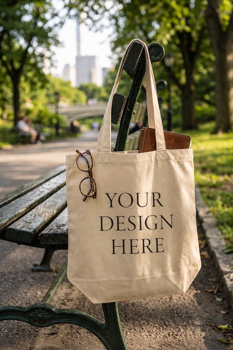 May include: A beige canvas tote bag with two shoulder straps featuring the black text YOUR DESIGN HERE printed on the front. A pair of tortoiseshell eyeglasses is hooked onto the left strap, and a brown leather notebook sits inside the bag.