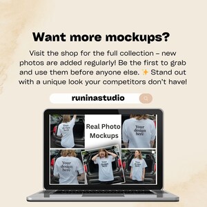 Może przedstawiać: Laptop wyświetla makiety białej koszulki z napisem "Your design here". Na ekranie widnieje r&oacute;wnież napis "Real Photo Mockups" oraz "Want more mockups?". Widoczny jest r&oacute;wnież adres strony internetowej "runinastudio".