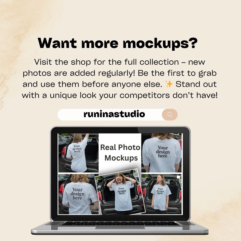Może przedstawiać: Laptop wyświetla makiety białej koszulki z napisem "Your design here". Na ekranie widnieje r&oacute;wnież napis "Real Photo Mockups" oraz "Want more mockups?". Widoczny jest r&oacute;wnież adres strony internetowej "runinastudio".