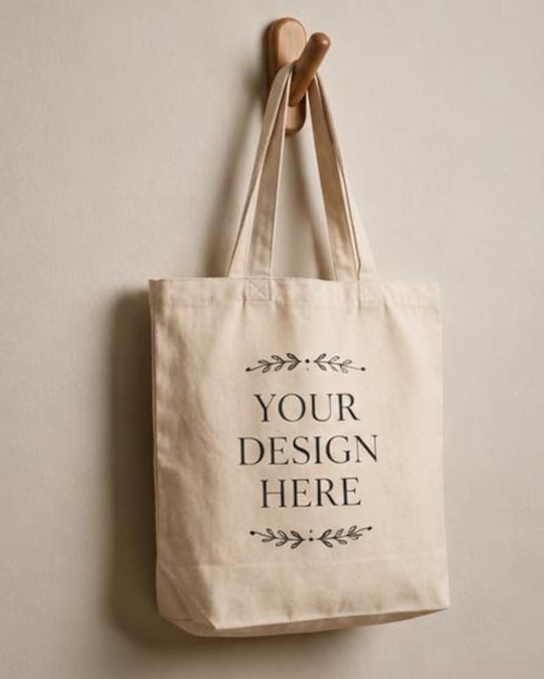 May include: A beige canvas tote bag with two shoulder straps, featuring the black printed text "YOUR DESIGN HERE" centered on the front, framed by decorative black leaf illustrations above and below the text, hanging from a wooden wall hook.