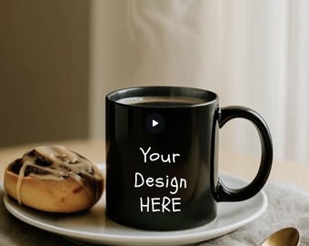 Black Coffee Mug Video Mockup: Cozy Kitchen Scene (MP4 & PNG Digital Download