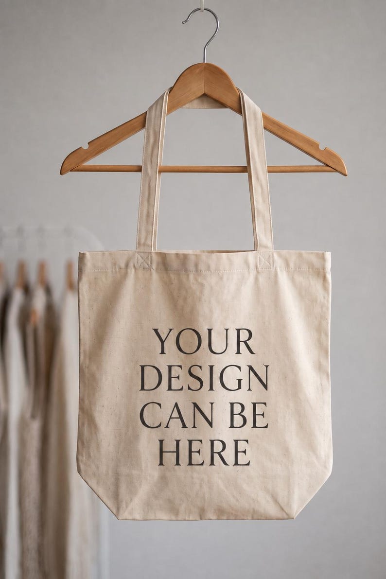 May include: A beige canvas tote bag hanging from a wooden hanger. The bag features the black printed text "YOUR DESIGN CAN BE HERE" centered on the front. The tote has two long fabric handles and a rectangular shape with a flat bottom edge.