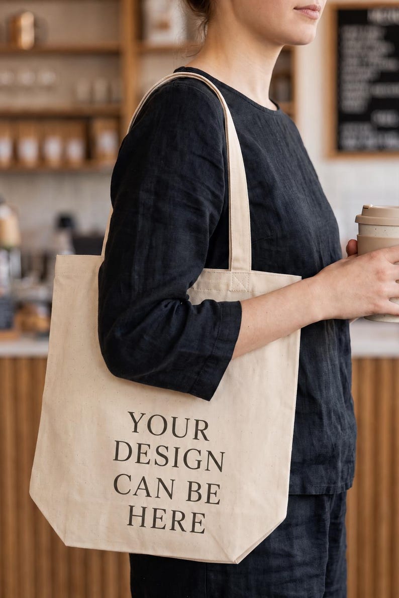 May include: A beige canvas tote bag with two shoulder straps, featuring the black printed text "YOUR DESIGN CAN BE HERE" on the front. The bag is constructed from a light-colored fabric and is designed to be carried over the shoulder.