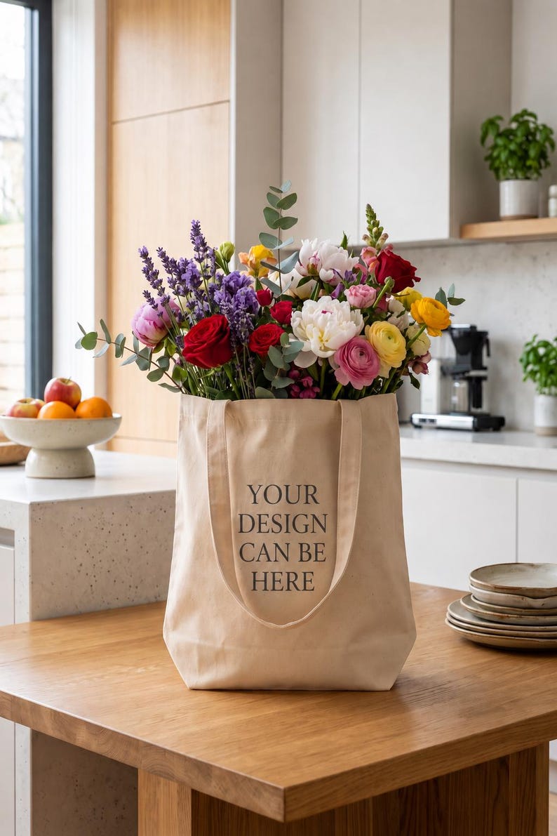 May include: A beige canvas tote bag with two handles and the text "YOUR DESIGN CAN BE HERE" printed in black on the front. The bag is filled with a large, colorful bouquet of mixed flowers including red roses, white peonies, and purple lavender.