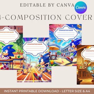 May include: Four composition book covers featuring Sonic the Hedgehog in various scenes. Each cover has a white label with the words "COMPOSITION BOOK" and lines for writing. The covers are in a variety of colorful settings.