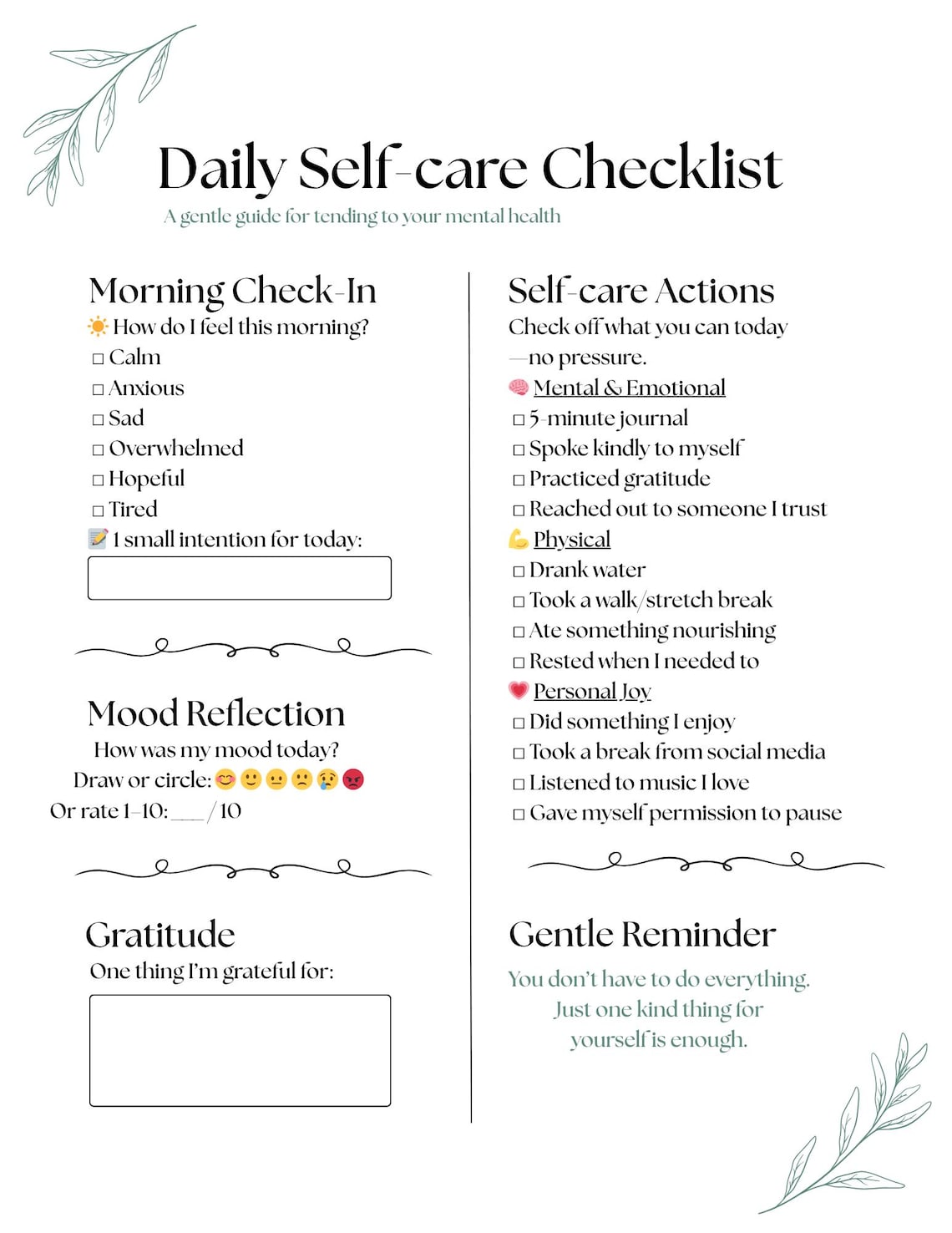 Daily Self-care Checklist – Printable PDF – Mental Health Tracker ...