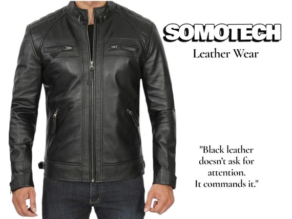 Quilted Shoulder Black Leather Biker Jacket - SOMOTECH Moto Style