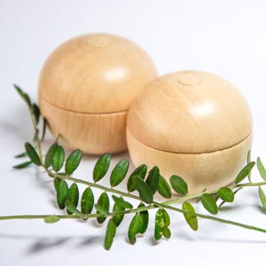 Può includere: Due contenitori rotondi in legno con coperchi, su una superficie bianca con un rametto di foglie verdi.