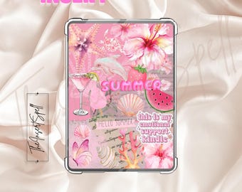 May include: A pink Kindle insert with a summer-themed design. The insert features illustrations of a starfish, dolphin, hibiscus flowers, seashells, a cocktail, and a watermelon slice. Text includes "Summer", "Hello Summer", and "this is my emotional support kindle".